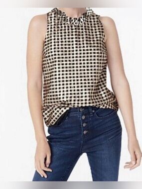 JCREW ruffle neck sleeveless crinkle top gingham
